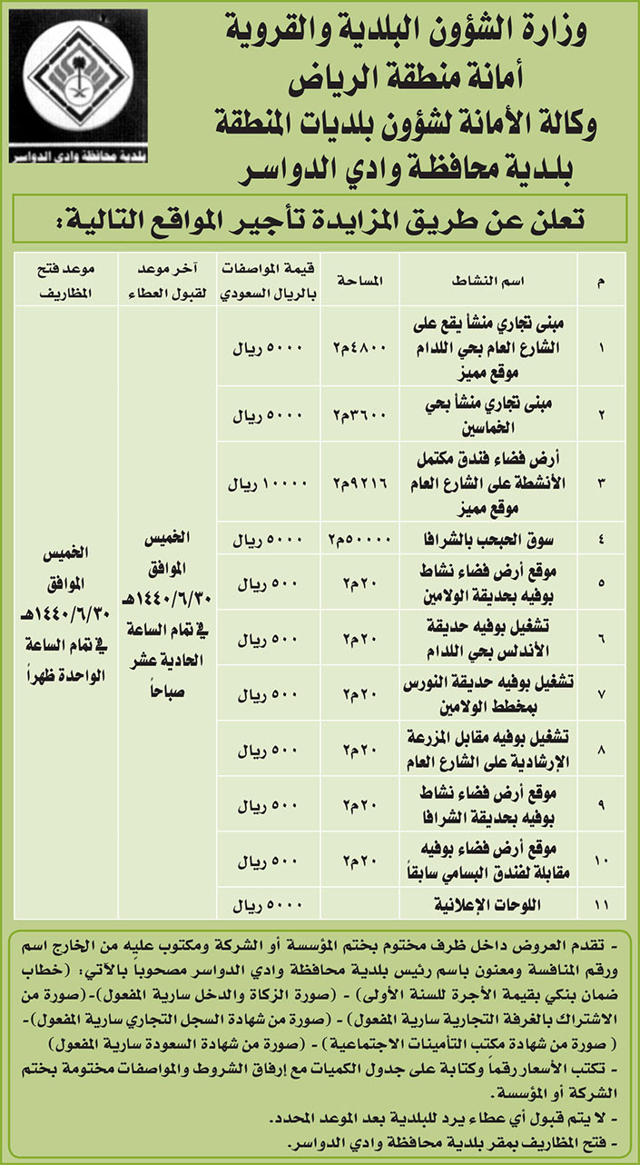 مناقصات حكومية (بناء - استئجار - هدم - نقل - صيانة - تشغيل - شراء – بيع) 