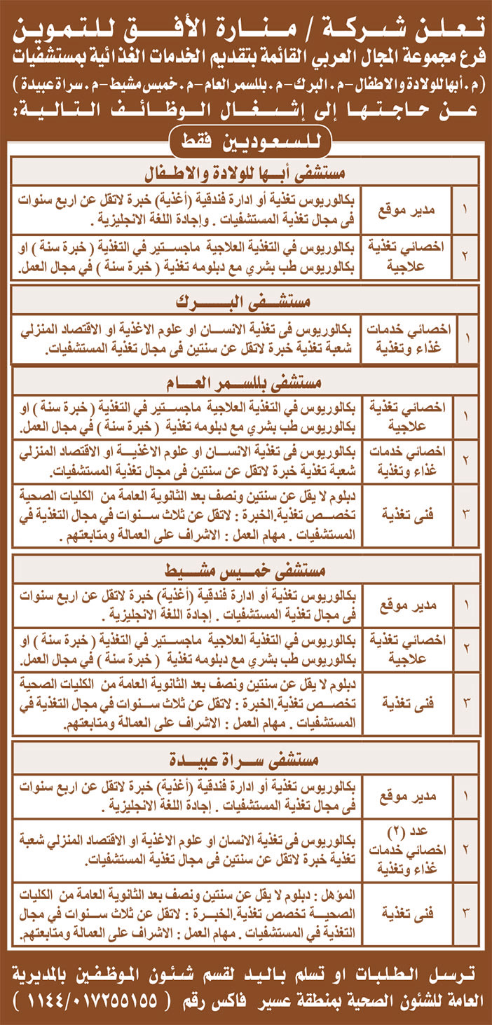 تعلن شركة منارة الأفق للتموين فرع المجال العربي عن حاجتها للوظائف التالية 