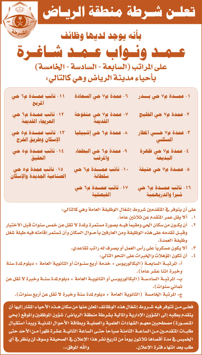 تعلن شرطة منطقة الرياض عن وجود وظائف شاغرة 