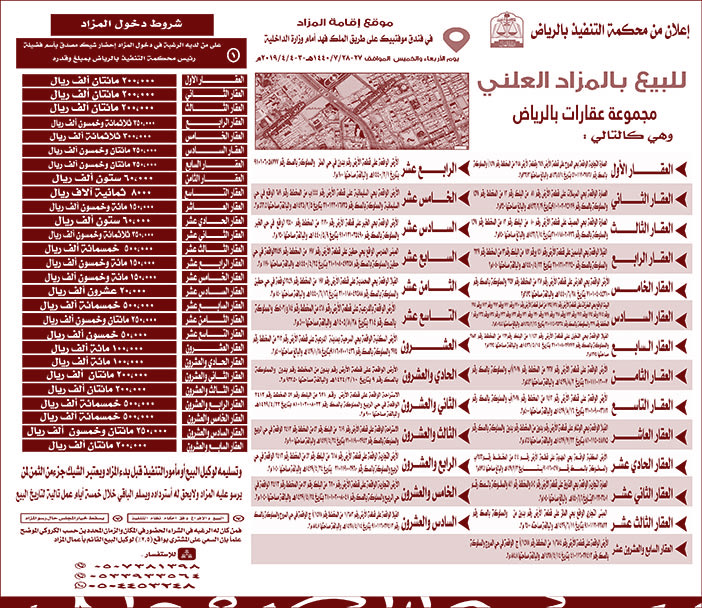 للبيع بالمزاد العلني مجموعة عقارات بالرياض 