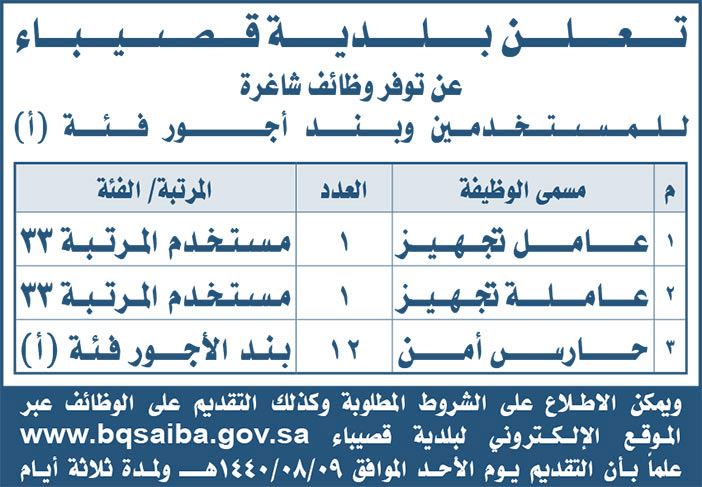 تعلن بلدية قصيباء عن توفر وظائف شاغرة 