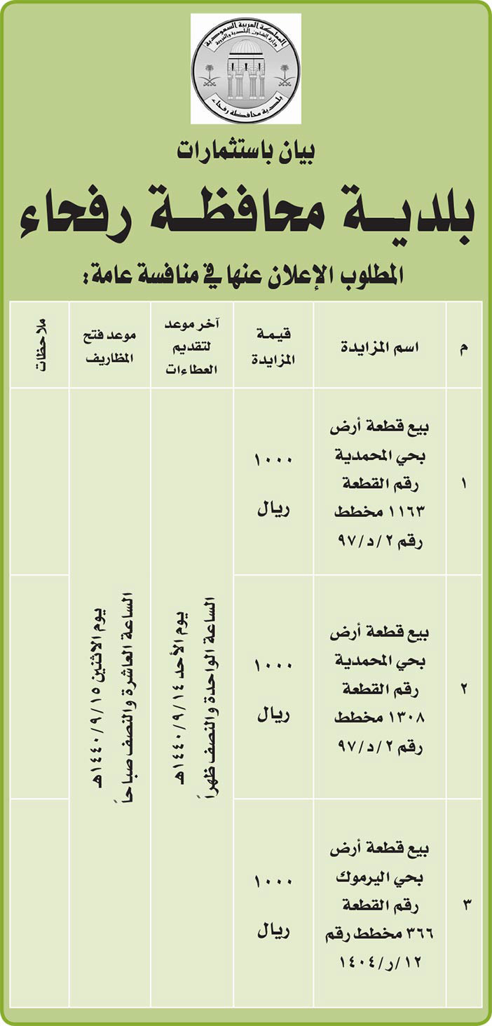 مناقصات حكومية (بناء - استئجار - هدم - نقل - صيانة - تشغيل - شراء – بيع) 