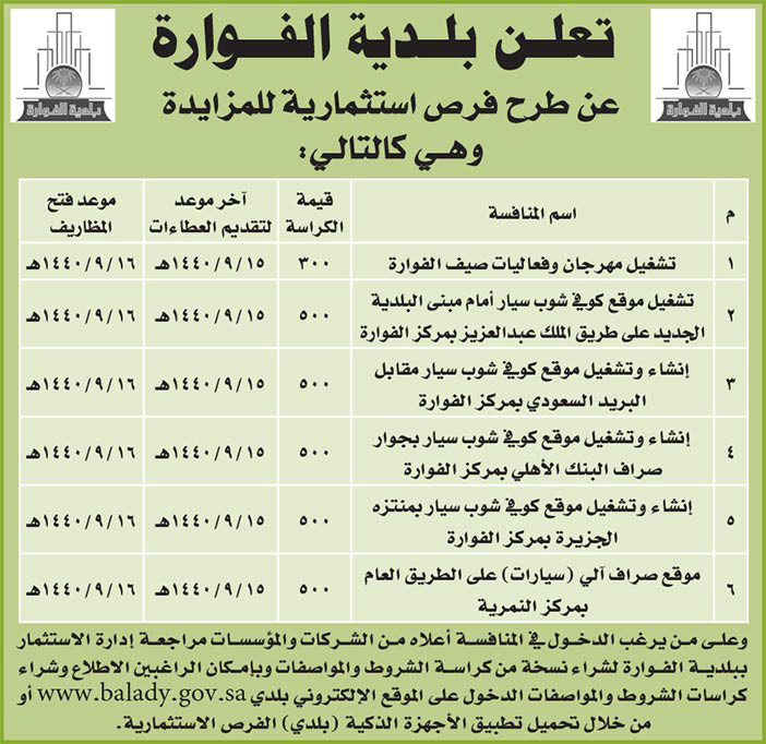 مناقصات حكومية (بناء - استئجار - هدم - نقل - صيانة - تشغيل - شراء – بيع) 