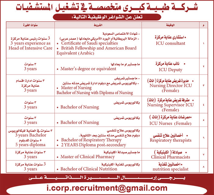 شركة طبية كبرى متخصصة فى تشغيل المستشفيات تعلن عن الشواغر الوظيفية التالية 