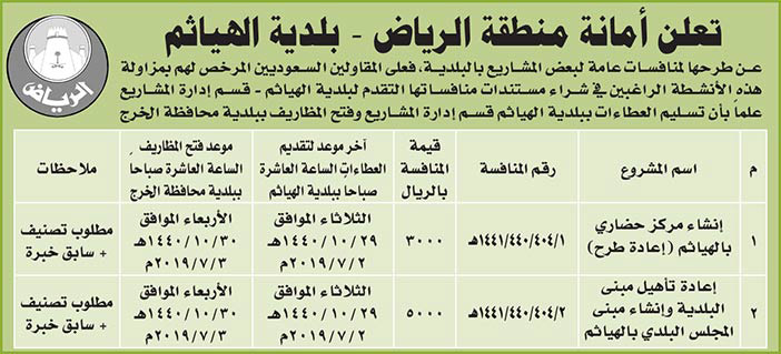 مناقصات حكومية (بناء - استئجار - هدم - نقل - صيانة - تشغيل - شراء – بيع) 