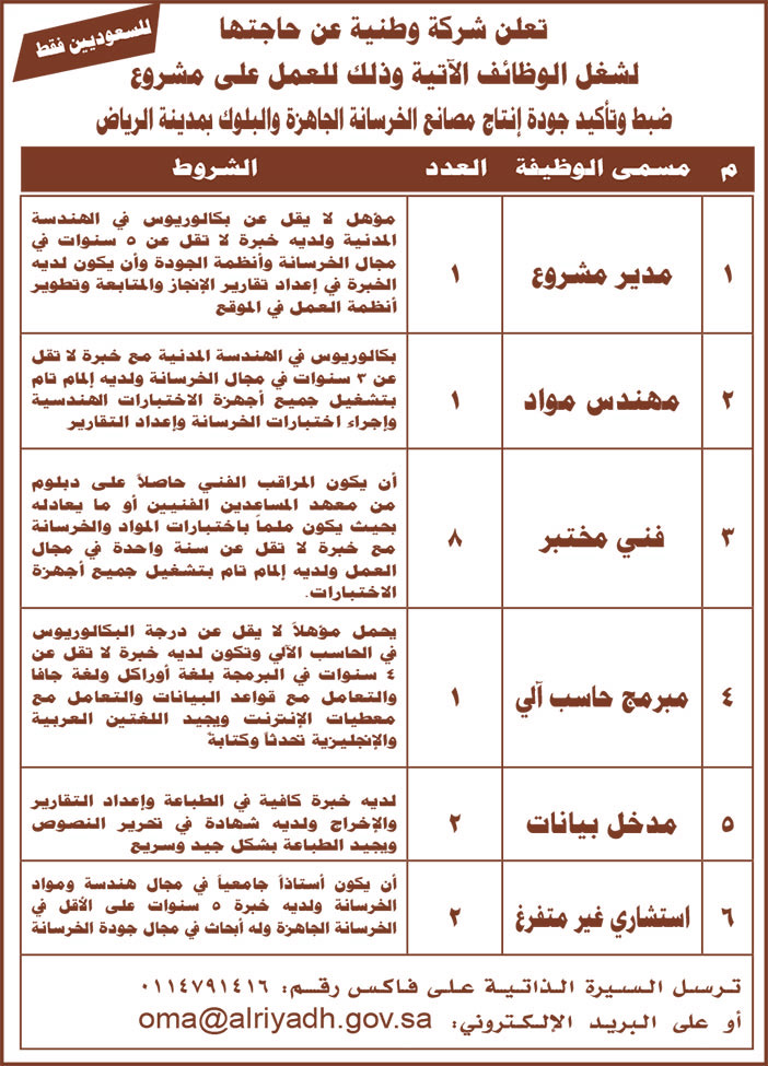 تعلن شركة وطنية عن حاجتها لشغل الوظائف الآتية 