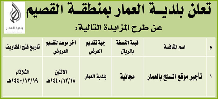 مناقصات حكومية (بناء - استئجار - هدم - نقل - صيانة - تشغيل - شراء – بيع) 