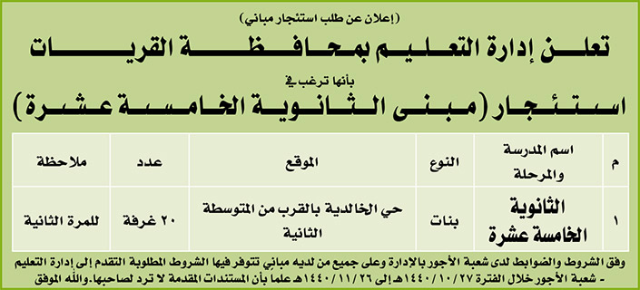 مناقصات حكومية (بناء - استئجار - هدم - نقل - صيانة - تشغيل - شراء – بيع) 