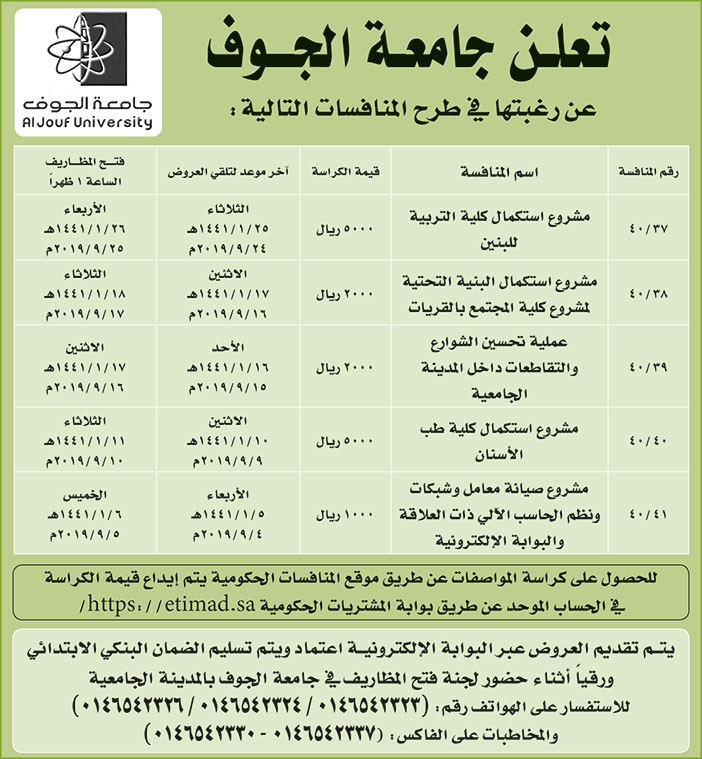 تعلن جامعة الجوف عن رغبتها في طرح المنافسات التالية 