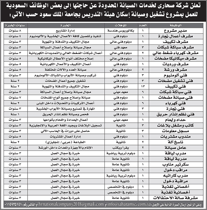 اعلان وظائف شركة صحارى لخدمات الصيانة المحدودة 