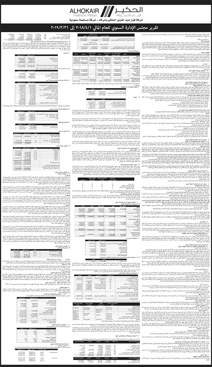 ميزانية شركة الحكير للعام المالي من  1/1/2018 م الى 31/3/2019 م 