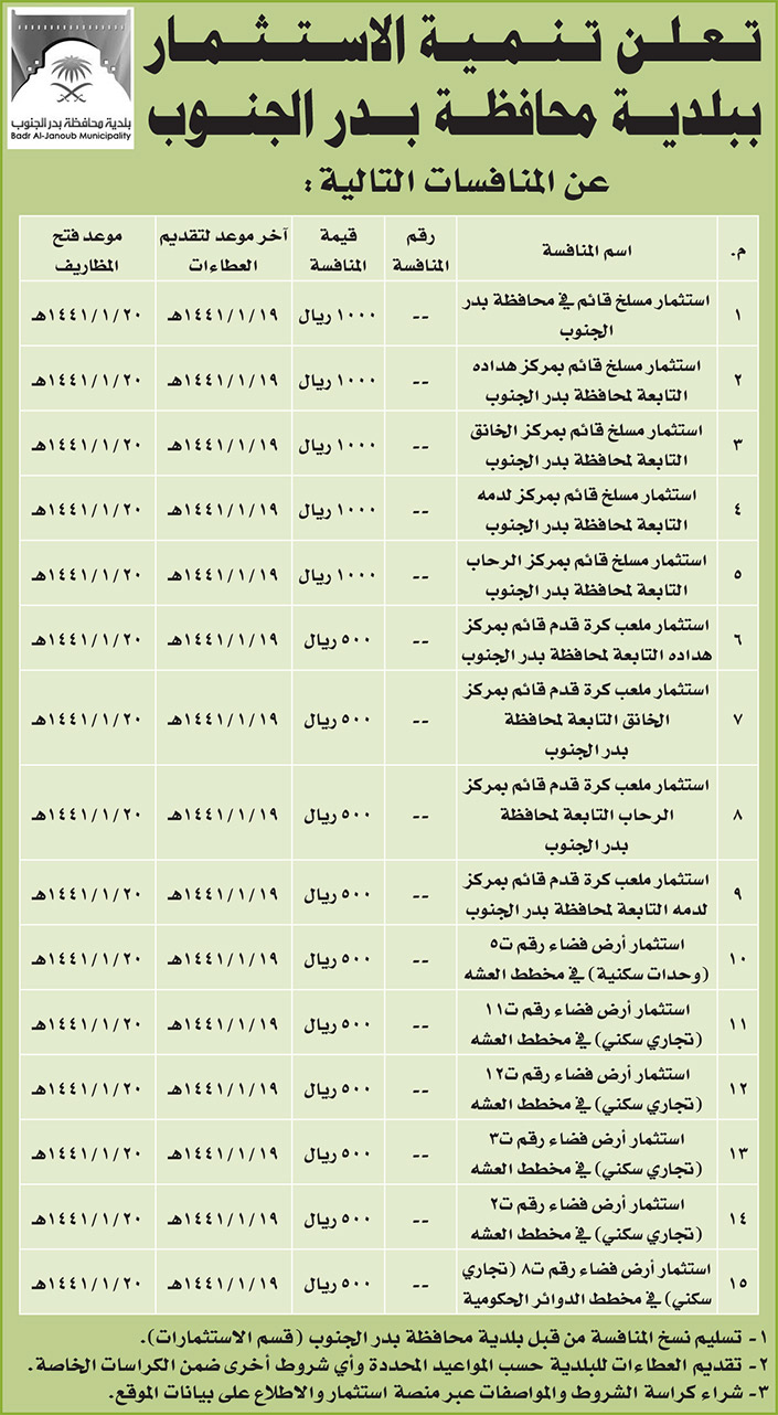 مناقصات حكومية (بناء - استئجار - هدم - نقل - صيانة - تشغيل - شراء – بيع) 