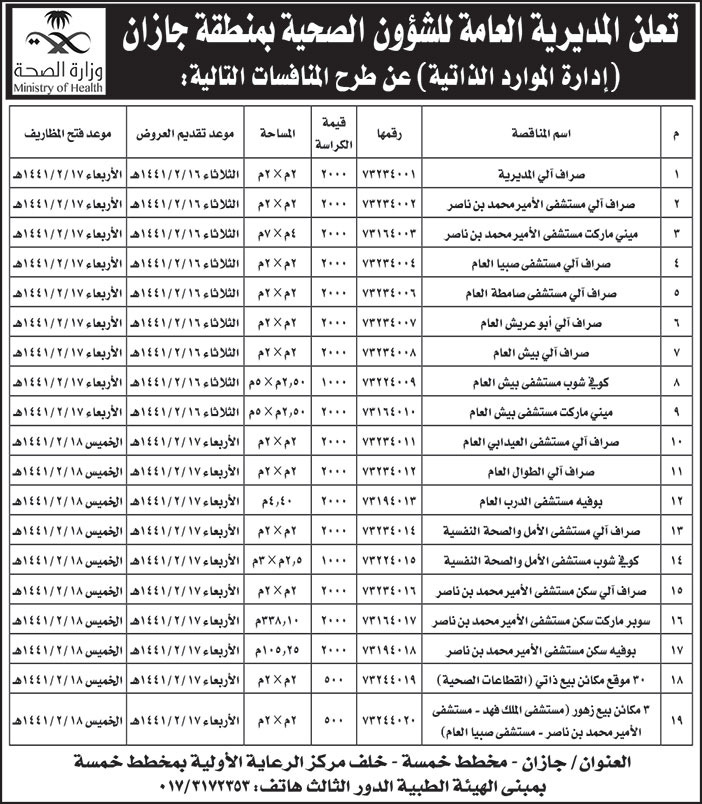 تعلن المديرية العامة للشؤون الصحية بمنطقة جازان عن طرح المنافسات التالية 