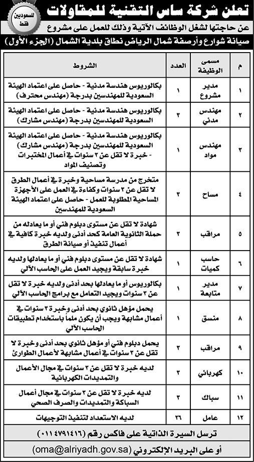 اعلان شركة ساس التقنية للمقاوللات عن طلب وظائف 