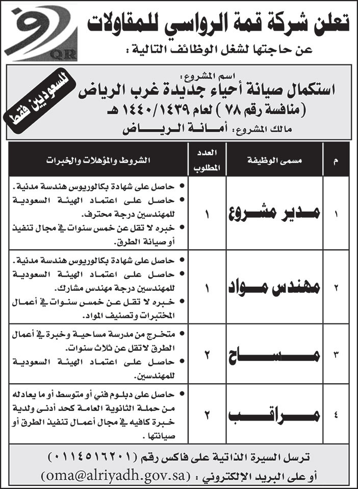 تعلن شركة قمة الرواسي للمقاولات عن حاجتها لشغل الوظائف التالية 