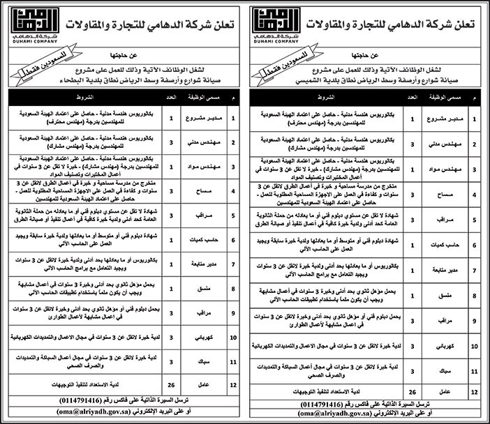 تعلن شركة الدهامي للتجارة والمقاولات عن حاجتها لشغل الوظائف التالية 