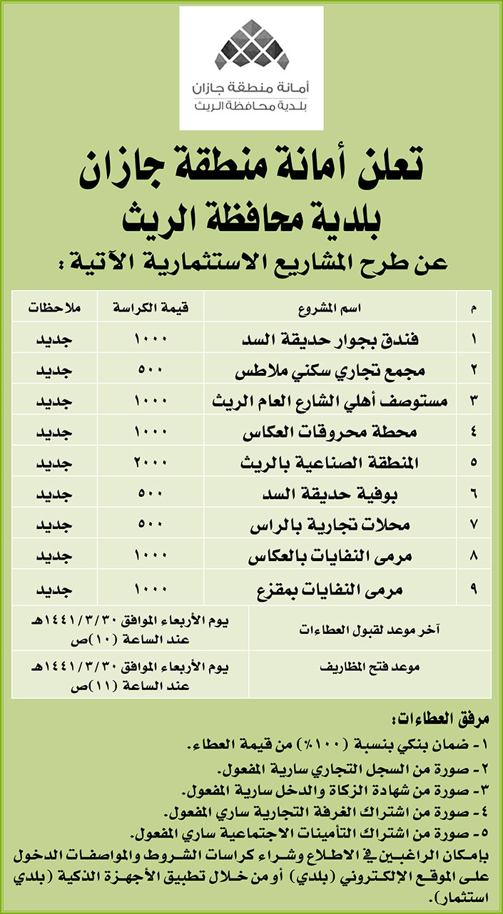 مناقصات حكومية (بناء - استئجار - هدم - نقل - صيانة - تشغيل - شراء – بيع) 