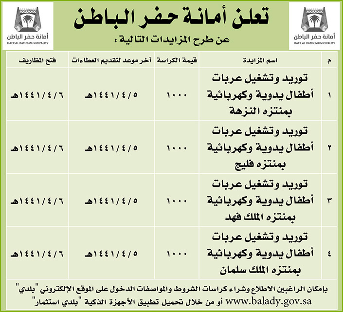 مناقصات حكومية (بناء - استئجار - هدم - نقل - صيانة - تشغيل - شراء – بيع) 