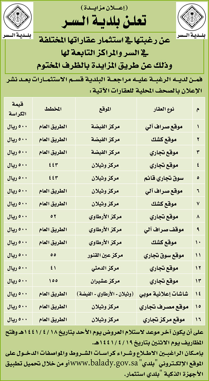 مناقصات حكومية (بناء - استئجار - هدم - نقل - صيانة - تشغيل - شراء – بيع) 