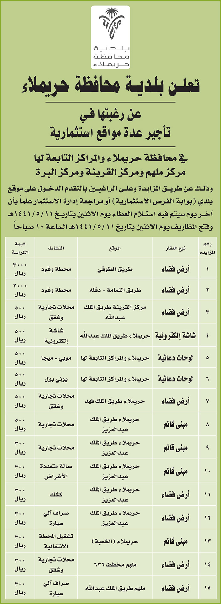 مناقصات حكومية (بناء - استئجار - هدم - نقل - صيانة - تشغيل - شراء – بيع) 