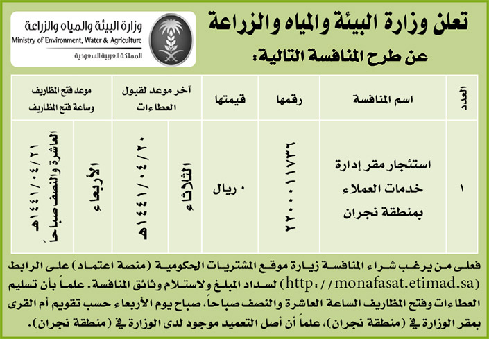 مناقصات حكومية (بناء - استئجار - هدم - نقل - صيانة - تشغيل - شراء – بيع) 