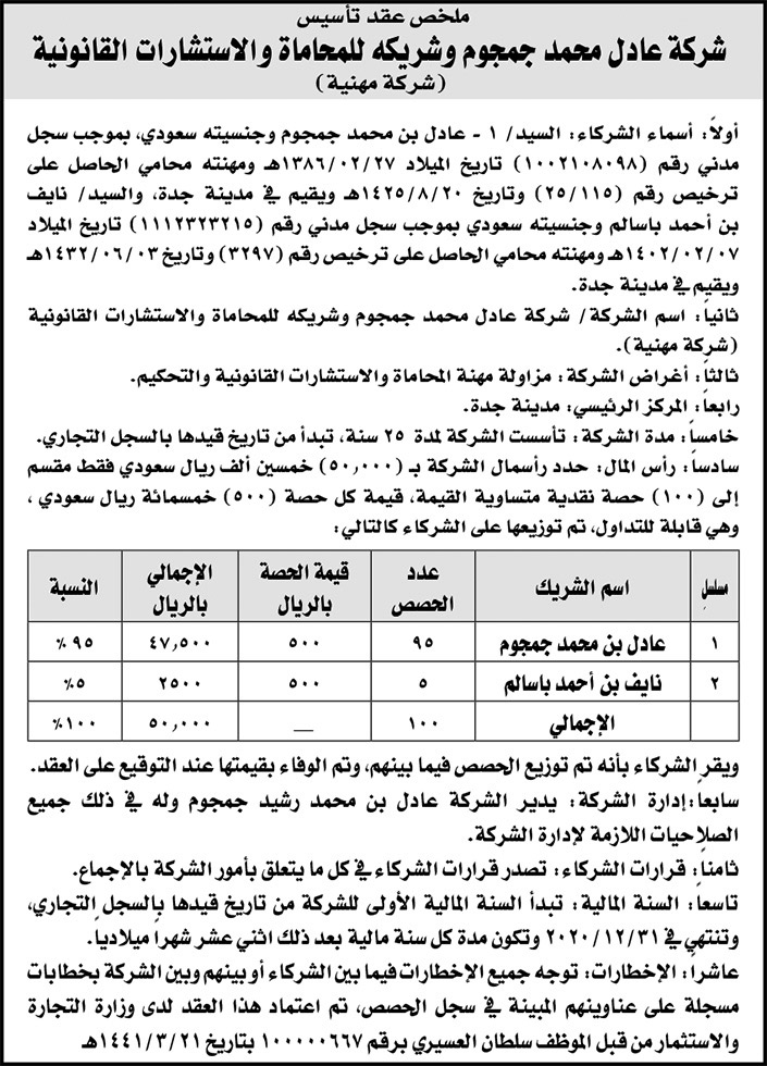 عقد تاسيس شركة عادل محمد جمجوم 