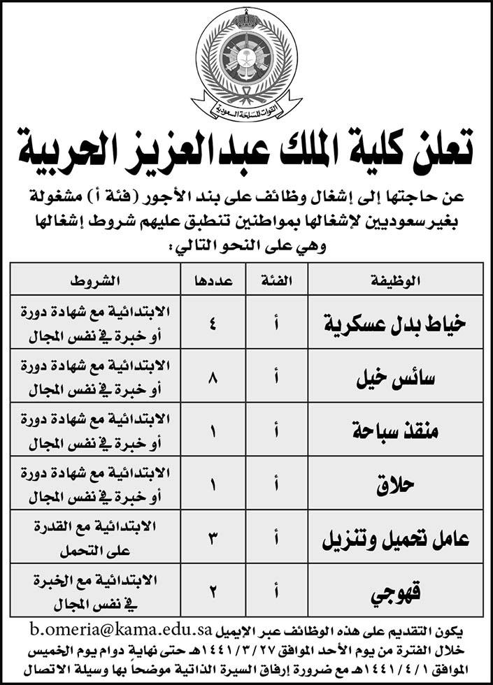 كلية الملك عبدالعزيز الحربية... وظائف 