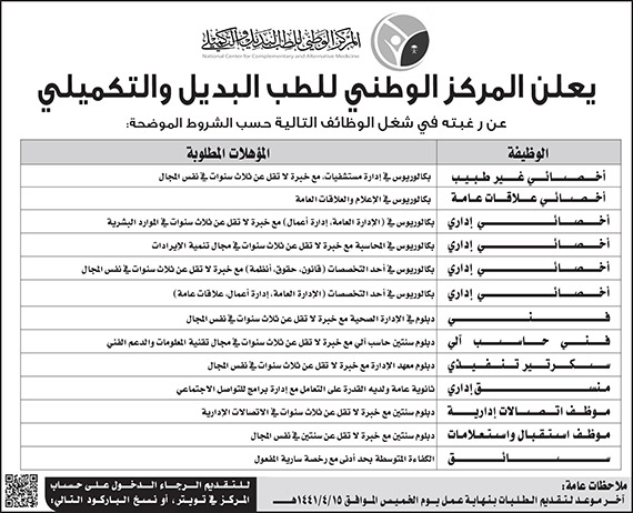 اعلان ظلب وظائف للمركز الوطني للطب التطميلي 