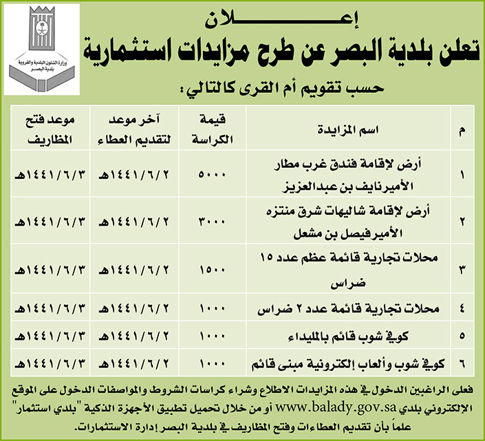 مناقصات حكومية (بناء - استئجار - هدم - نقل - صيانة - تشغيل - شراء – بيع) 