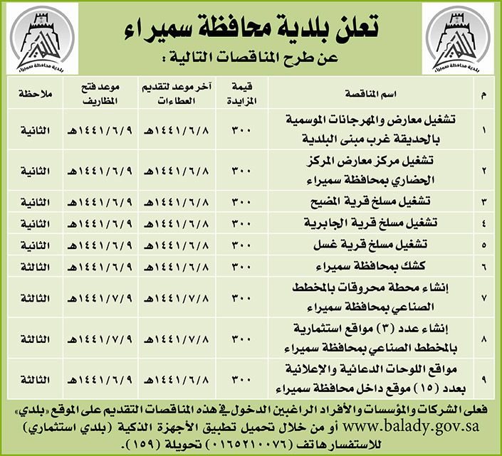 مناقصات حكومية (بناء - استئجار - هدم - نقل - صيانة - تشغيل - شراء – بيع) 