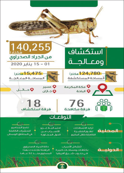 «البيئة» تكافح الجراد الصحراوي بمساحة 140.255 هكتاراً في 5 مناطق 