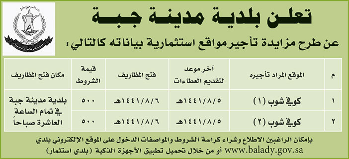 تعلن بلدية مدينة جبة عن طرح مزايدة تاجير مواقع استثمارية بياناته كالتالي 