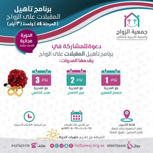 الطائف.. إطلاق المرحلة 54 من برنامج تأهيل المقبلات على الزواج 