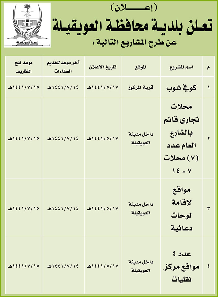 مناقصات حكومية (بناء - استئجار - هدم - نقل - صيانة - تشغيل - شراء – بيع) 