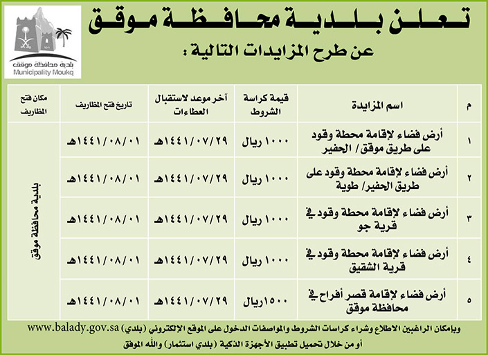 مناقصات حكومية (بناء - استئجار - هدم - نقل - صيانة - تشغيل - شراء – بيع) 