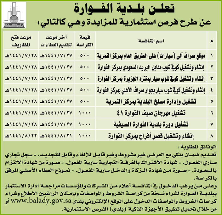 مناقصات حكومية (بناء - استئجار - هدم - نقل - صيانة - تشغيل - شراء – بيع) 