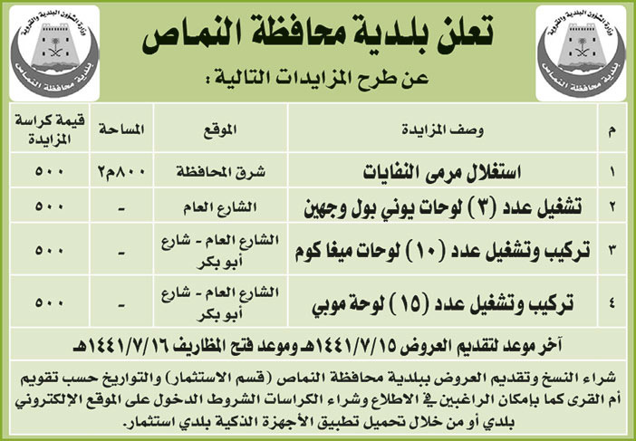 تعلن بلدية محافظة النماص عن طرح المزايدات التالية 