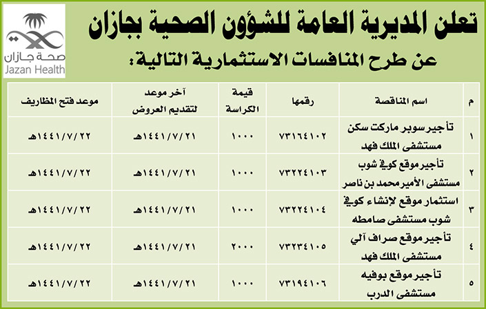 مناقصات حكومية (بناء - استئجار - هدم - نقل - صيانة - تشغيل - شراء – بيع) 