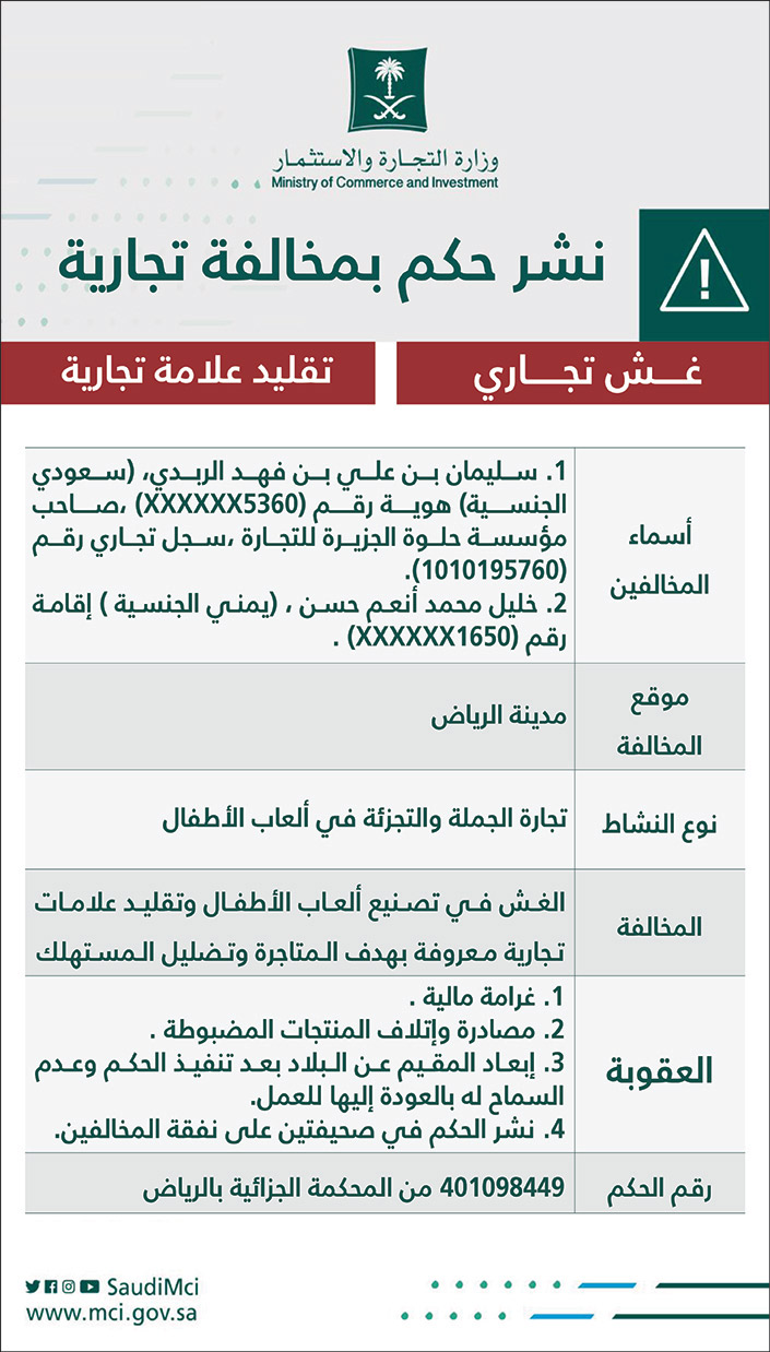 وزارة التجارة والاستثمار نشر حكم بمخالفة تجارية 