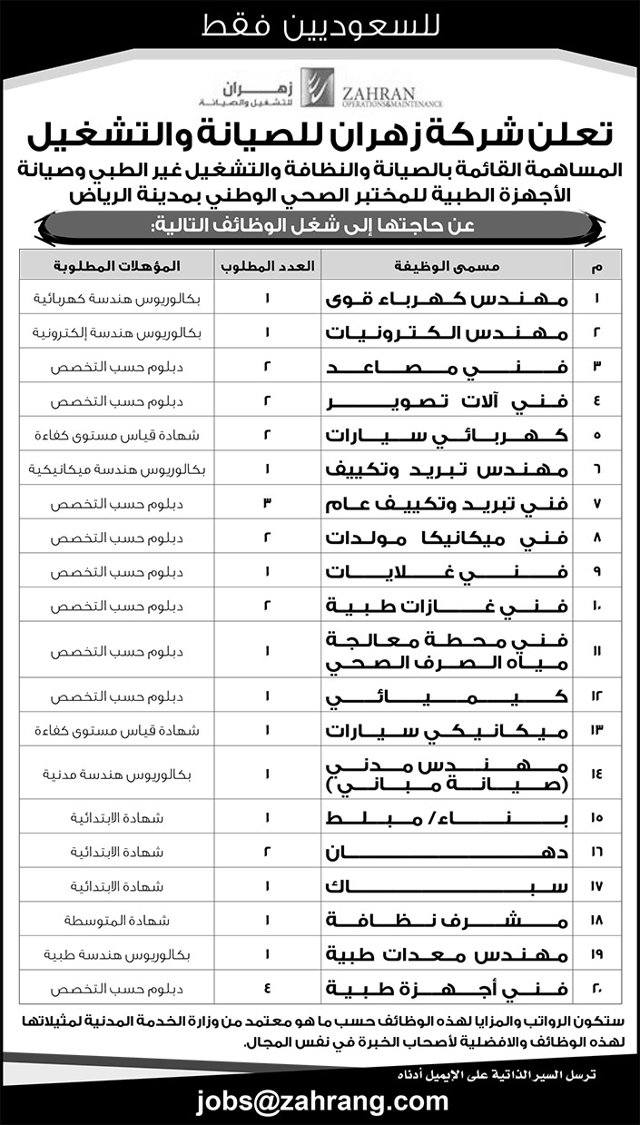 وظائف في شركة زهران للصيانة والتشغيل 