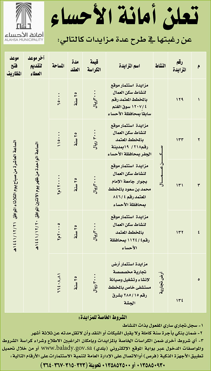 مناقصات حكومية ( بناء - استئجار - هدم - نقل - صيانة - تشغيل - شراء – بيع( 