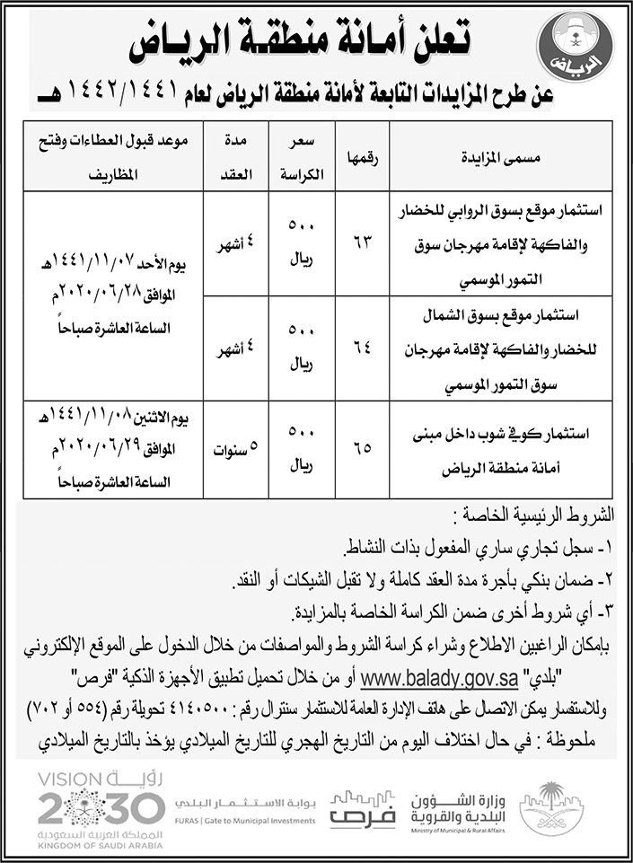 طرح مزايدات التابعة لامانة منطقة الرياض 