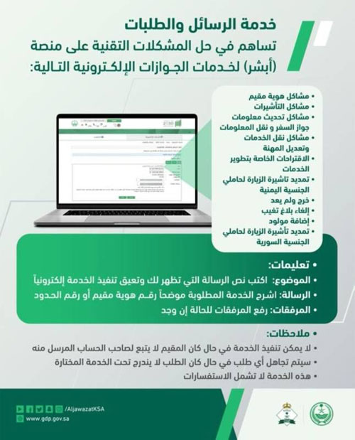 «الجوازات»: خدمة الرسائل والطلبات مستمرة عبر «أبشر» 