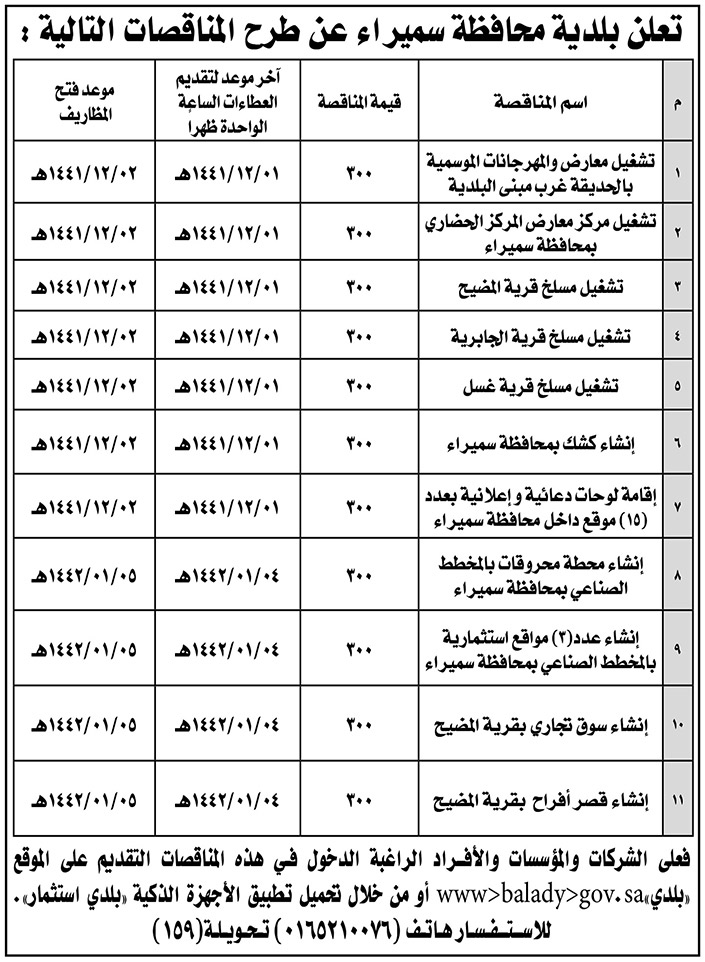 تعلن بلدية محافظة سميراء عن طرح المناقصات 