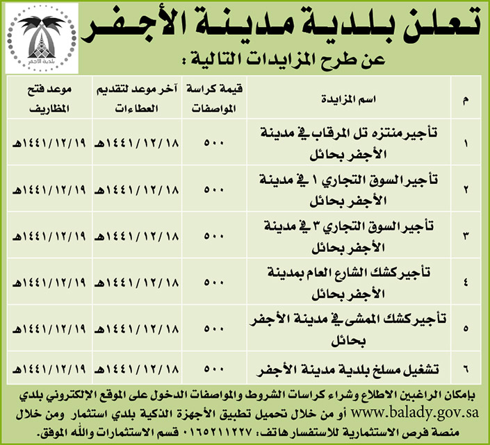 مناقصات حكومية ( بناء - استئجار - هدم - نقل - صيانة - تشغيل - شراء – بيع( 