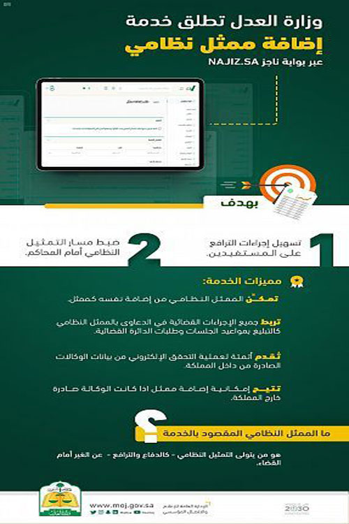 «العدل» تطلق خدمة «إضافة ممثل نظامي» لتسهيل إجراءات الترافع 