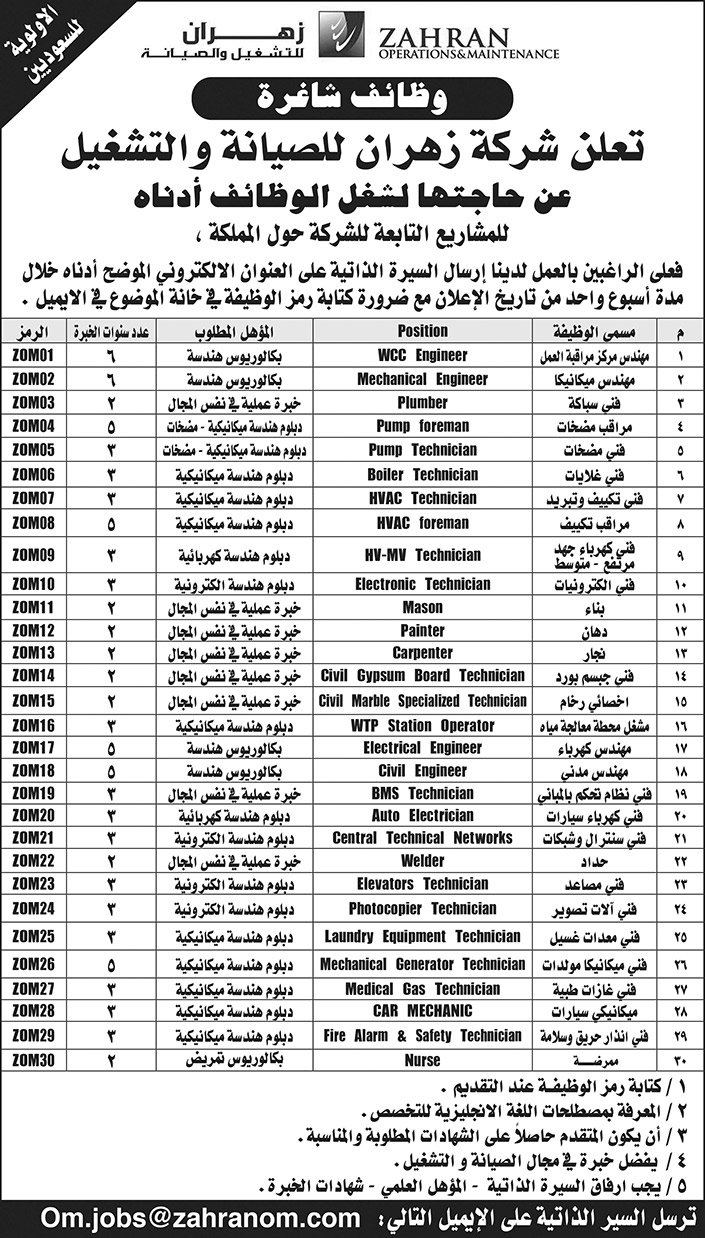 وظائف شاغرة لشركة زهران 