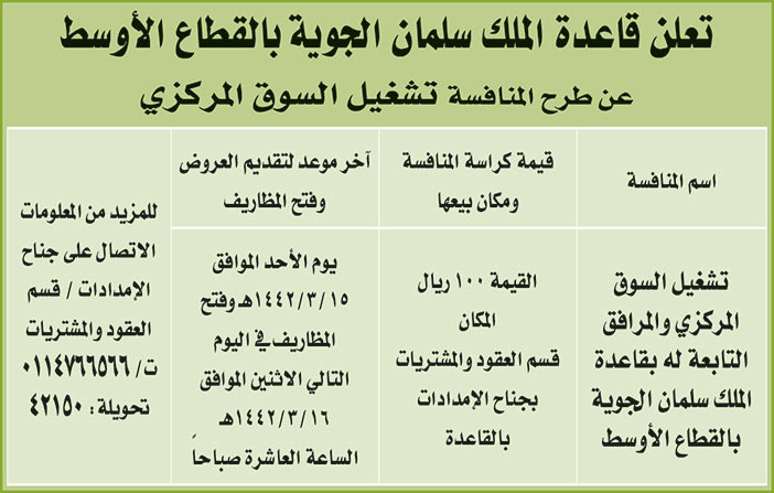 تعلن قاعدة الملك سلمان الجوية بالقطاع الاوسط عن طرح المنافسة 