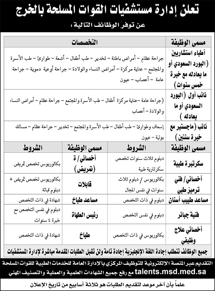 توفر وظائف لمستشفيات القوات المسلحة بالخرج 