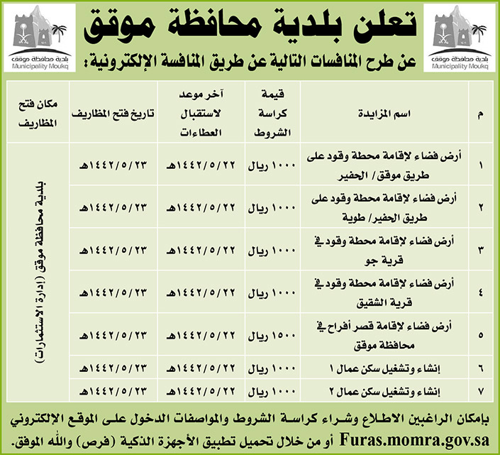 مناقصات حكومية ( بناء - استئجار - هدم - نقل - صيانة - تشغيل- شراء – بيع 